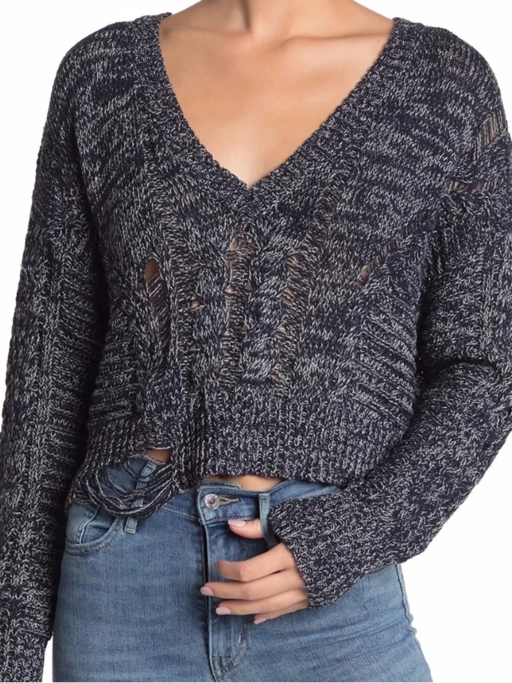 Wildfox Sz S Nancy Heather Navy Relaxed Cable Knit Distressed Sweater